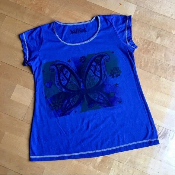 Butterfly Graphic Short Sleeve Tee, Royal Blue, Green, Black, Size XS - Picture 3 of 15